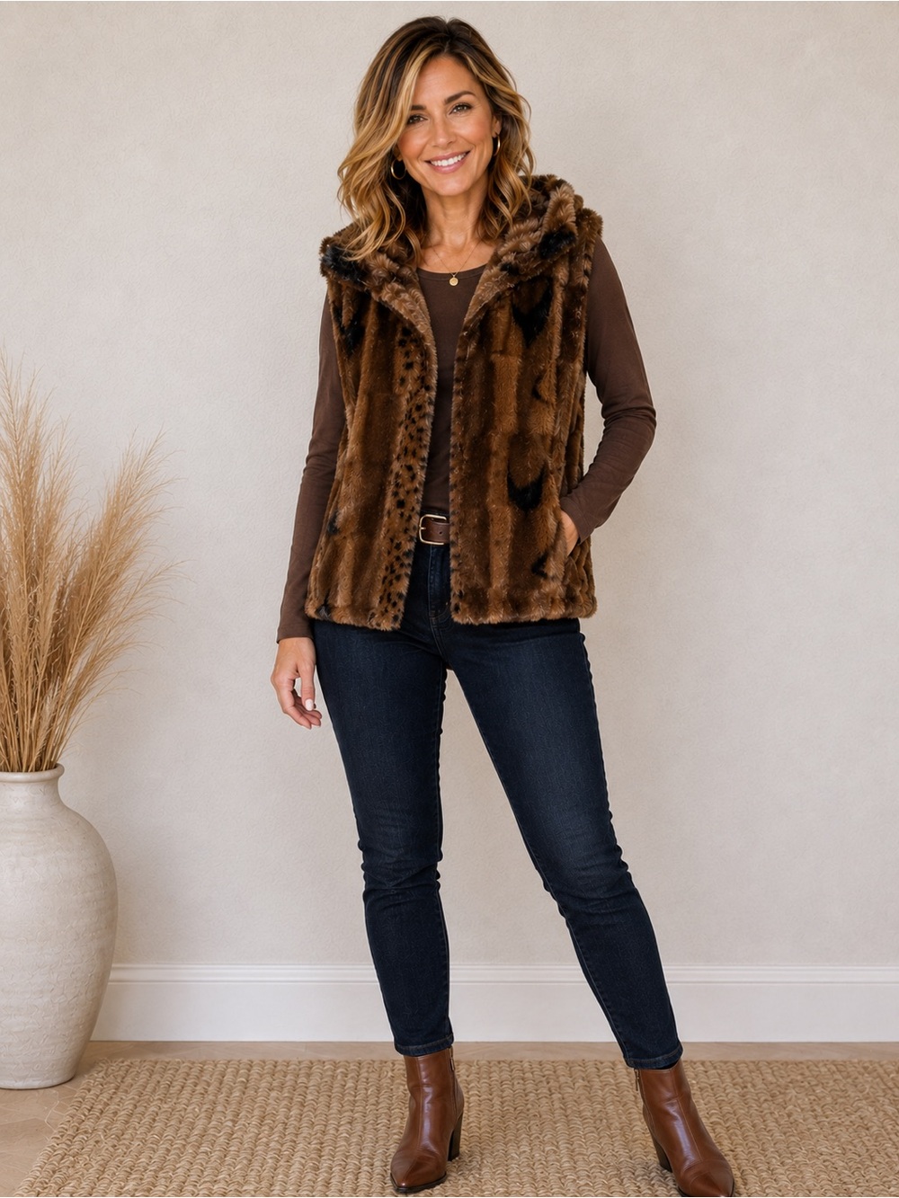 Betsey Johnson Brown Faux Fur Vest Sleeveless Plush Soft Layering Jacket Size S